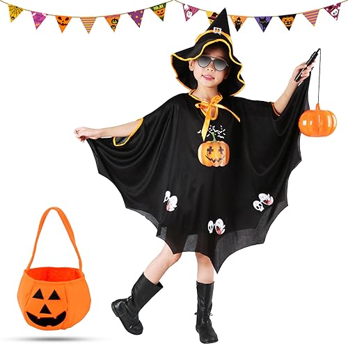 Costume Strega Per Bambina 5 Pezzi - Mantello E Cappello Halloween Con Sacchetto E Tatuaggi - Taglia 100-140 Cm