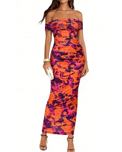 Image of BTFBM Cocktail Dresses for Women 2026 Elegant Classy Off Shoulder Bodycon Mesh Slit Floral Maxi Spring Summer Dress