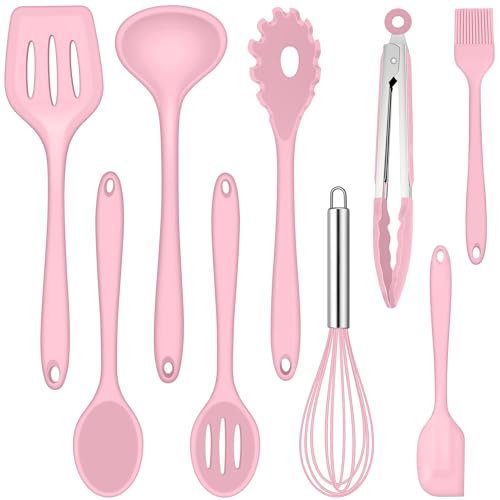 Joyfair Küchenhelfer Set, 9 Stück Küchenutensilien Silikon, Hitzebeständiges Kochutensilien Kochgeschirr Set mit Pfannenwender Schneebesen Grillzange, Antihaft Kochbesteck zum Kochen & Backen - Rosa