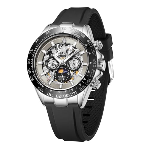 Image of OLEVS Self Winding Watches for Men Automatic Mechanical Skeleton Luxury Dress Waterproof Moon Phase Tourbillon Chronograph Stainless Steel Luminous Wristwatch