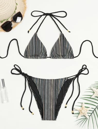 Image of ZAFUL 2 Piece Triangle Bikini for Women Knitted Rope Halter Bikini Sets Sexy Bathing Suit Side Tie Swimsuits Beachwear