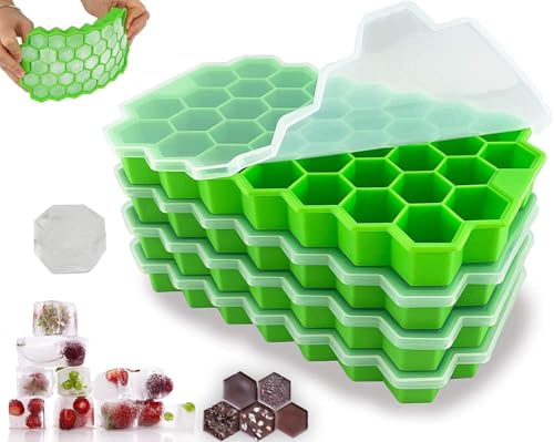 Image of CLOUDVALLEY 4 Pack Silicone Ice Cube Trays with Lids Easy-Release Hexagon Ice Maker for Freezer, Reusable Food-Grade Ice Molds for Cocktail Bar, Whiskey, Iced Coffee & Home Kitchen (Green)