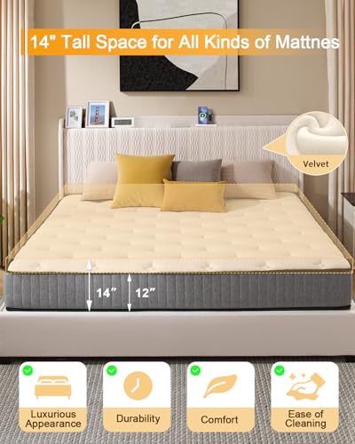 LegacyAmerhome Queen Size Bed Frame, Velvet Upholstered Platform Bed with Refined Ruching, Queen Bed Frame Built-in Charging Station with 4 Drawers, Wood Slat Support, No Box Spring Needed, Beige