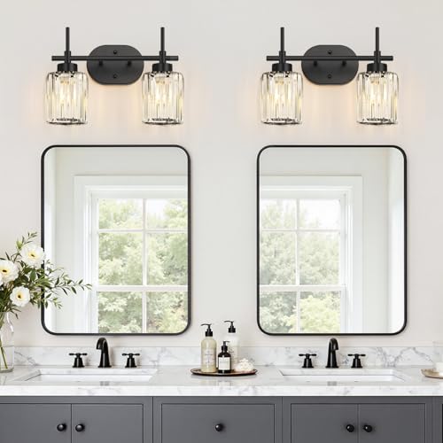 Image of 2-Light Matte Black Crystal Bathroom Vanity Light, Modern Bathroom Lighting Fixture Over Mirror, K9 Crystal Bathroom Wall Light with Round Shades, E26 Base(Bulbs Not Included)