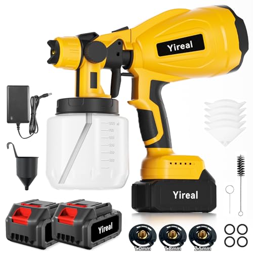 Cordless Paint Sprayer with Battery 2 X 4000mAh, Electric Spray Paint Gun with 2 of 800 ML Containers, 3 Nozzles, Stain Sprayer for Fence Home Furniture Cabinets Wall Cars House DIY Painting Projects