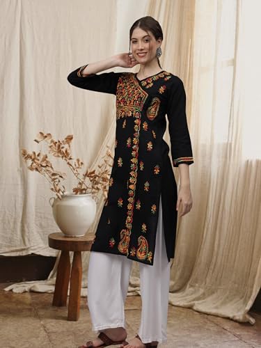 Image of Seva Chikan Hand Embroidered Lucknowi Chikankari Black Cotton Angarkha Style Kurta for Women SCL4626