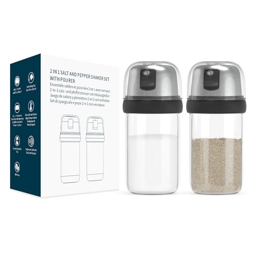 Image of KITCHENDAO 2 in 1 Glass Salt and Pepper Shaker Set with Side Pour Spout,Built-in Lid to Slow Down Danmpness with Mearsuring Marks,(Black)