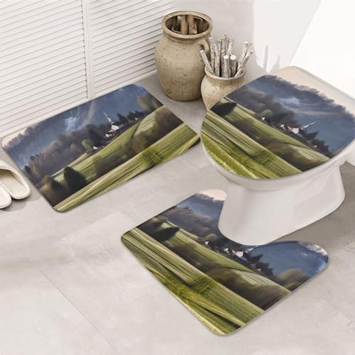 YoupO Slowenische ländliche Landschaft Druck Badezimmer Teppiche Sets 3 Stück saugfähige WC-Deckelbezug rutschfeste U-förmige Konturmatte für Toilette Badezimmer