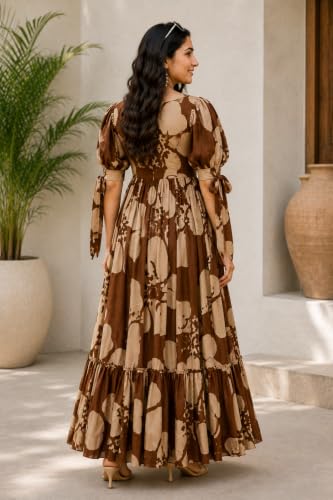 Image of Modestouze Attires Women's Floral Pattern Rayon Blend Maxi Dress with Sweetheart Neck Half Puff Sleeve Floor Length and Zipper Closure Type | Maxi Dress for Women Stylish | Dress for Women