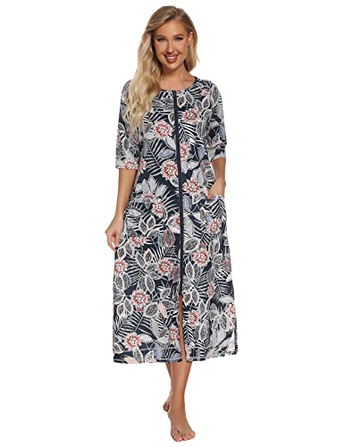 Image of Veseacky Women Robe Zipper Front House Coat 3 /4 Sleeve Nightgown Full Length Ladies Lounge Dress with Pockets S-XXL