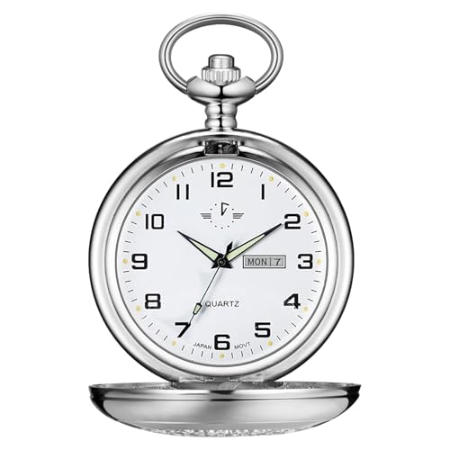 Image of BOSHIYA Smooth Quartz Pocket Watches for Men Classic Arabic Digital Luminous Dial & Day Date Pocket Watch with Chain Christmas Graduation Birthday Gifts
