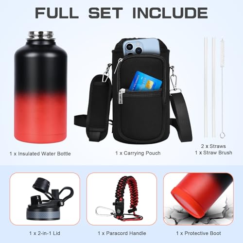 Image of GAZLEMHO Insulated Water Bottle 64 oz, Half Gallon Water Jug Cold 48H, BPA Free Stainless Steel Bottles with Straw /Chug 2-in-1 Lid, Bag, Paracord Handle, Silicone Boot, Sports Gym School Metal Flask