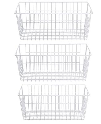 SANNO Freezer Baskets Wire Storage Baskets Closet Storage Baskets Bins Refrigerator Storage Containers for Home Office, Bathroom, Pantry Organization Storage Bins -Set of 3, White, 15.7"