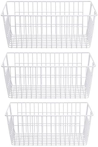 SANNO Freezer Baskets Wire Storage Baskets Closet Storage Baskets Bins Refrigerator Storage Containers for Home Office, Bathroom, Pantry Organization Storage Bins -Set of 3, White, 15.7"