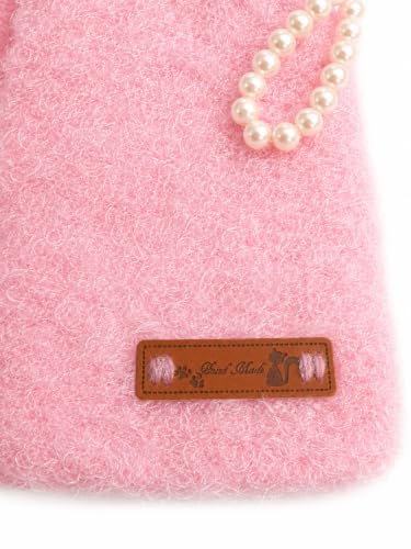 Image of Handmade Crochet Mobile Pouch for Women & Girls | Knitted Phone Holder with Wrist Strap | Cute Floral Aesthetic Mobile Cover Case | Soft Yarn Handmade Gift (Furrpink)