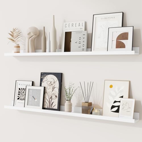 RICHFOCUS Picture Ledge Shelf 40 inch Floating Shelves Set of 2 Wood Wall Shelves with Lip Wall Decor Storage for Bedroom Living Room Bathroom Kitchen Nursery Photo Picture White