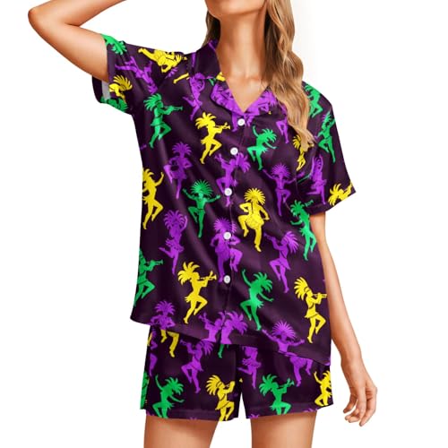 Image of Funny Pajamas for Women Set Print Satin Loungewear Pjs Short Sleeve Button Down Top and Shorts Sets Sleepwear XS-3XL