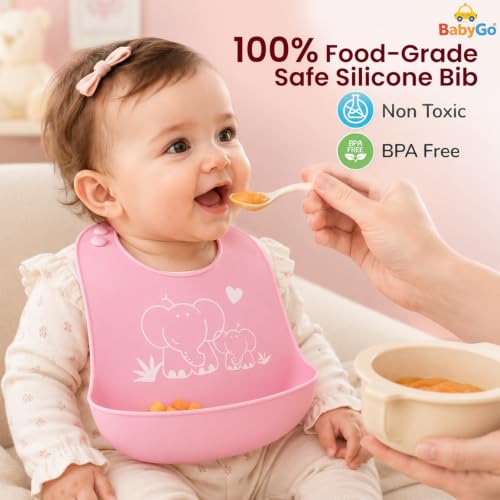 Image of BabyGo Silicone Baby Bib for Feeding & Weaning Infants & Toddlers |Waterproof, Washable & Reusable | Adjustable Neckline, Lightweight & Foldable Bib with Deep Food Catcher Pocket |Pink (Pack of 1)