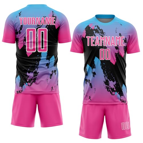 Customize Mens Womens Gradient Blue Pink Black Soccer Jerseys Personalized Colorful Sports T-Shirts Shorts Set for Racing Cycling Football Tennis Hiking Printed 3D Watercolor Artistic Team Uniform
