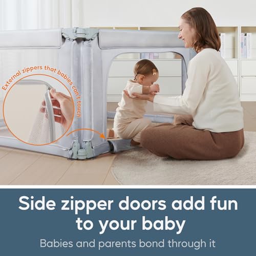 Image of Baby Playpen 47x47 Inch Playpen,Adjustable Playard for Babies and Toddlers,Small Baby Play Pens,Indoor Outdoor Play Yard for Infants with Zipper Door&360Mesh Cloth,Grey