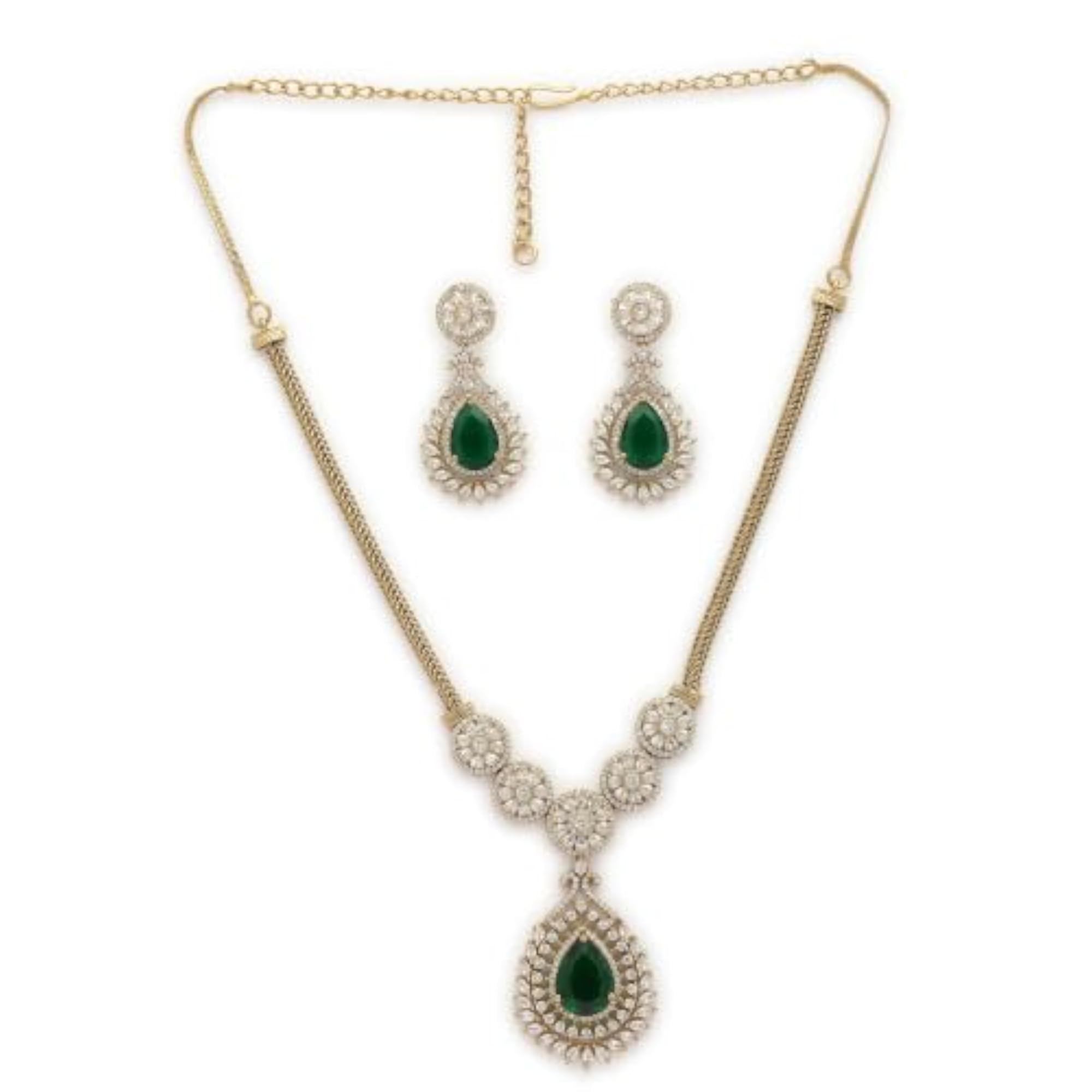 AD Emerald Teardrop Floral Halo Necklace Set, Gift for Her