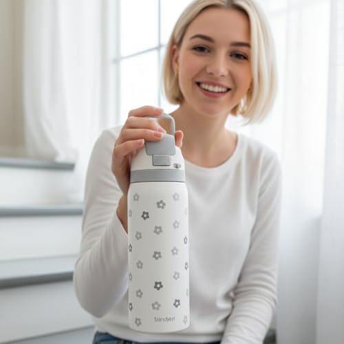 Image of Floral Insulated Stainless Steel Water Bottle with Straw for Sports and Travel, 32oz, Gifts for Women Girls Friends Teens Birthday Christmas (Grey)