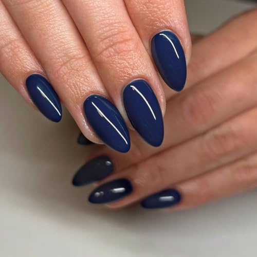 Navy Blue Press on Nails Medium Almond Dark Royal Fake Nails with Royal Blue Design Solid Colour Acrylic False Nail Artificial Stick on Nail for Women 24Pcs