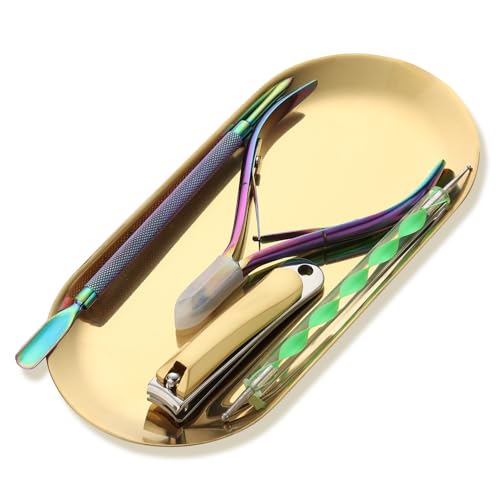 Fspronail 1Pcs Manicure Tools Storage Tray, Oval Stainless Steel Storage Dish Nail Art Accessory Display Tray Jewelry Rhinestone Cosmetic Nail Decorations Organizer Metal Storage Plate (Gold)
