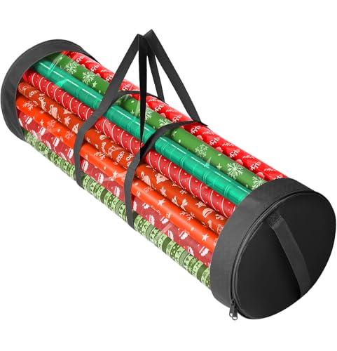 Birthday Wrapping Paper Storage Bag - Cylindrical Organizer with Zipper & Reinforced Handles - Holds 18-25 Rolls - Tear-Resistant Gift Wrap Holder - by Mobi Lock