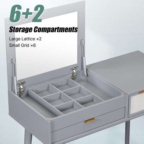 Miniatura 7 de EDWINENE Escritorio de maquillaje 43.3 con espejo abatible y cajones, tocador con espacio de almacenamiento y taburete acolchado, juego de