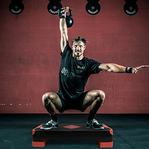 SPART Adjustable Workout Aerobic Stepper, Aerobic Exercise Step Platform with 4 Risers, 3 Levels Adjust 4\" - 6\" - 8\", 26.77\" Trainer Stepper with Non-Slip Surface For Home Gym Extra Risers, Black-Red