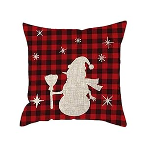 FJPT Throw Pillow Cover Holly Jolly Christmas Snowflakes Snowman Buffalo Plaid Check Cotton Pillowslip for Sofa Bed Stand