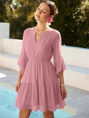Image of Womens Spring Summer Mini Dress Western Ruffled Sleeve Chiffon V Neck Flowy A Line Short Wedding Guest Party Dresses