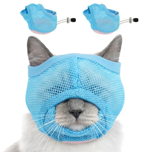SeranPup 2 Pieces Soft Cat Muzzles Mask Breathable Mesh Cat Restraint for Nail Clipping Anti-Bite Anti-Meow Grooming Muzzles for Cats,Blue,M