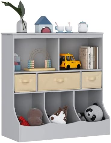 UTEX Toy Storage Organizer with Bookcase, Kid’s Bin Storage Unit with 8 Compartments &3 Baskets Bins, Toys Box Organizer, Kid’s Multi Shelf Cubby for Books,Toys,Gray