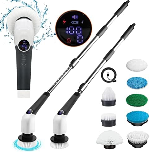 Electric Spin Scrubber Rechargeable Cleaning Brush with 8 Replaceable Brush Heads, Cordless Scrubbing Brush with Adjustable Extension Handle, Electric Scrub Brush for Bathroom Floor Tile Car