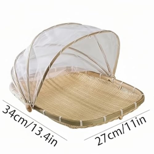 Image of Bamboo Tent Basket Food Serving, Mesh Cover, Hand Woven Insect Bug Proof, Dustproof Fruit Vegetable Bread Storage Container for Picnic, Outdoor, Home Drying