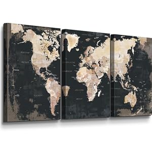 Black Wall Decor for Mens Bedroom Office Living Room World Maps for Wall | Canvas Art Paintings with Frame Vintage Pictures Inspirational Artwork for Conference Room