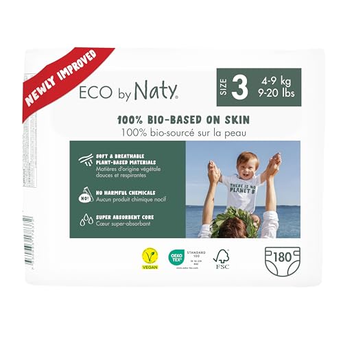 Eco by Naty Pañales Bebé - Pañales ecológicos a base de plantas, ideales para la piel sensible del bebé y ayuda a evitar las fugas (Talla 3, 180 unidades)