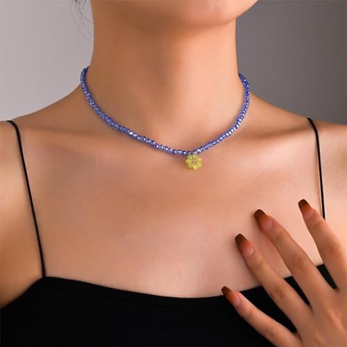 Iaceble Colar gargantilha de contas boho com pingente de flor, colar de corrente de contas azul, col
