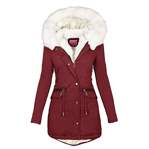 SilkTem Veste d'hiver pour femme-Noir - Avec fourrure-Blanc-Doublure en fourrure -Tunique d'hiver -Veste polaire élégante-Veste en peluche-Décontractée - Épais - Avec col en fourrure, Bordeaux, XL