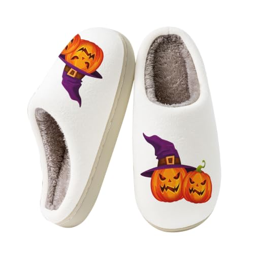 �ܐ�J�o�[ ���[���X���b�p �����Y ��܂� Halloween Pumpkin Witch Hat Print Slippers For Women Closed Toe Fuzzy Warm Indoor ����~�� �g�C�� ������� �傫���T�C�Y