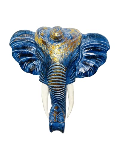 My Family House Elephant Wall Mask - Blue Gold Hanging Wooden Hand Carved Art Fair Trade Hand Painted Animal African Safari Masks Bohemian Decor (20cm)