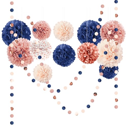 Image of AOBKIAT Rose Gold and Navy Blue Party Decorations Set,15PCS | with Paper Pom Poms,Garland for Women Mother,Engagement Anniversary,30th,40th,50th,60th,Birthday Party