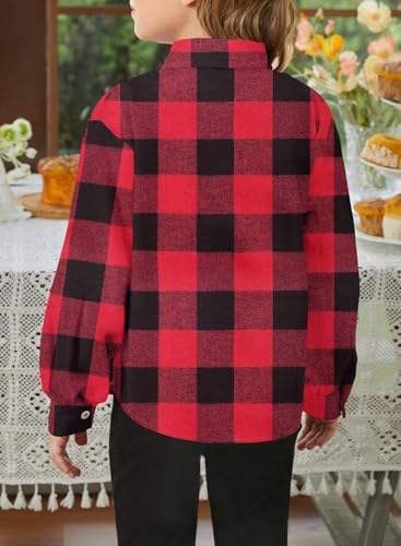 Image of SELINK Girls Long Sleeve Flannel Buffalo Plaid Button Down Shirt | Soft Flannel Fabric,Classic Buffalo Plaid Button Down Collared Blouse For Girls Casual Daily Outfits