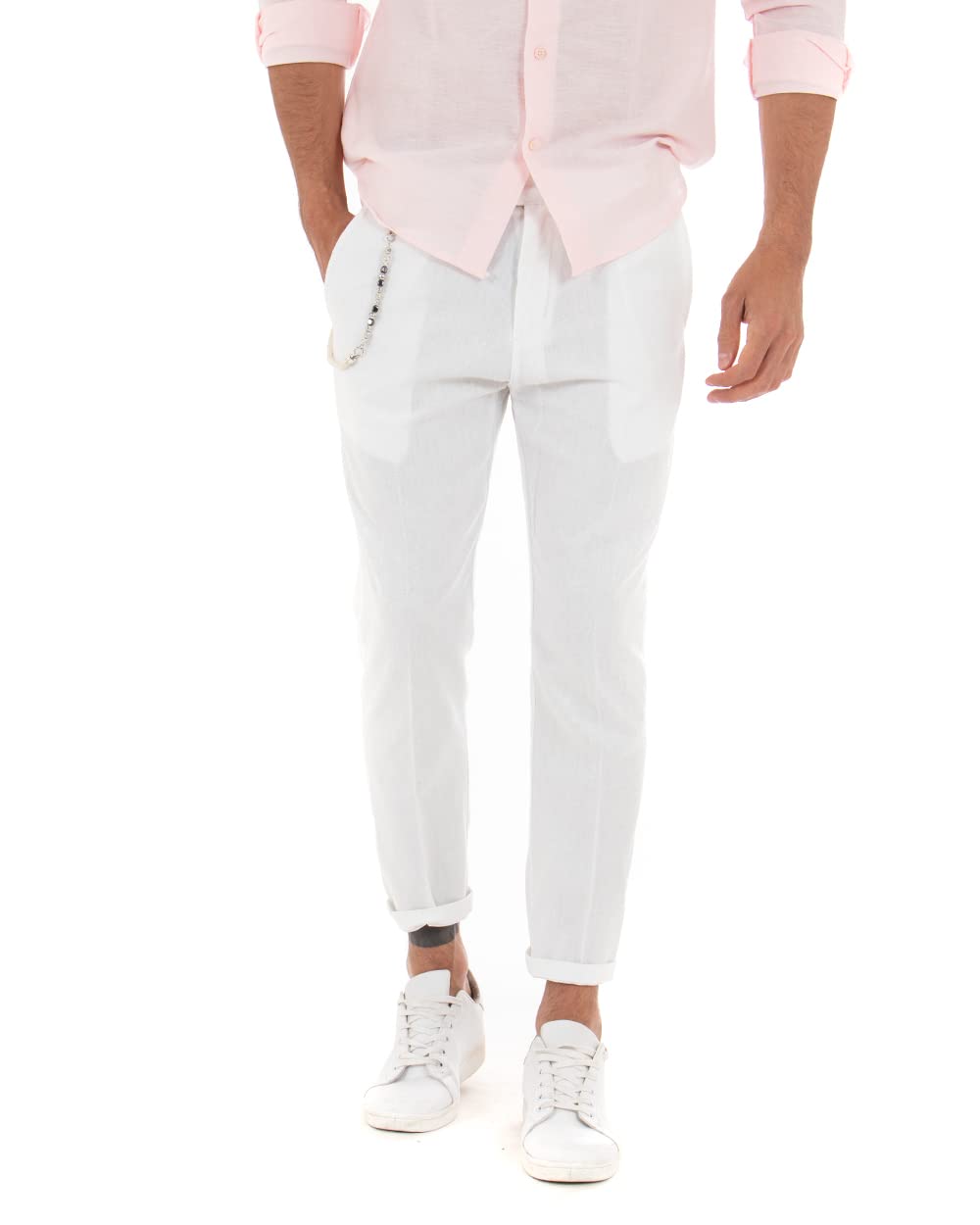 Giosal Pantalone Uomo Lino Bottone Allungato Classico Tinta Unita Elegante