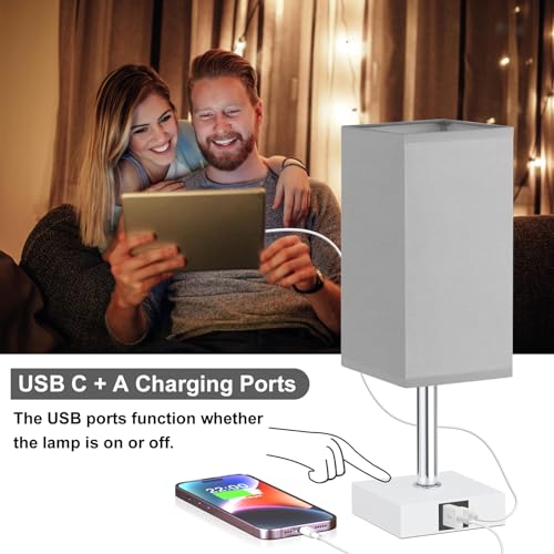 Touch Table Lamp for Bedroom - Dimmable, USB C+A, Grey Lamphade White Base by Ambimall - Used condition - Image 3
