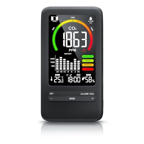 CSL - CO2 Melder - CO2 Messgerät mit Thermometer Hygrometer - Innenraum Luftqualität Messgerät Kohlendioxidmessung PPM - Akku 2000 mAh -– schwarz CSL - CO2 Melder - CO2 Messgerät mit Thermometer Hygrometer - Innenraum Luftqualität Messgerät Kohlendioxidmessung PPM - Akku 2000 mAh -– schwarz