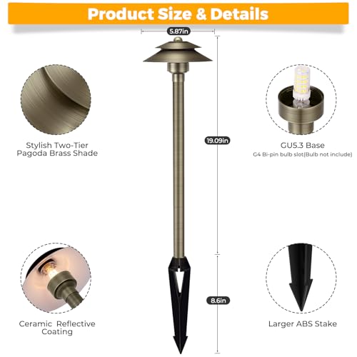 Gardencoin Solid Brass Low Voltage Landscape Pathway Lights (6\'\' Shade, 19\'\' Tall), 12V LED Heavy Duty Path Lighting Outdoor Wired, Waterproof Antique Bronze Walkway Light Without G4 Bulb,6 Pack