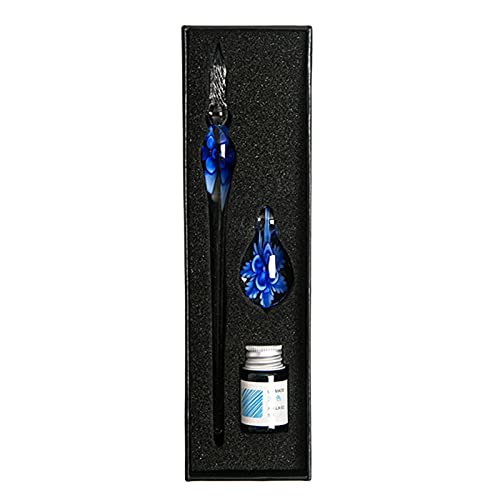 1Set Pluma estilográfica Pluma de Flor Forma de Extremo de Escritura Suave Pluma de Dip de Cristal Portátil con Regalo de Tinta - Azul Real 3pcs Cover